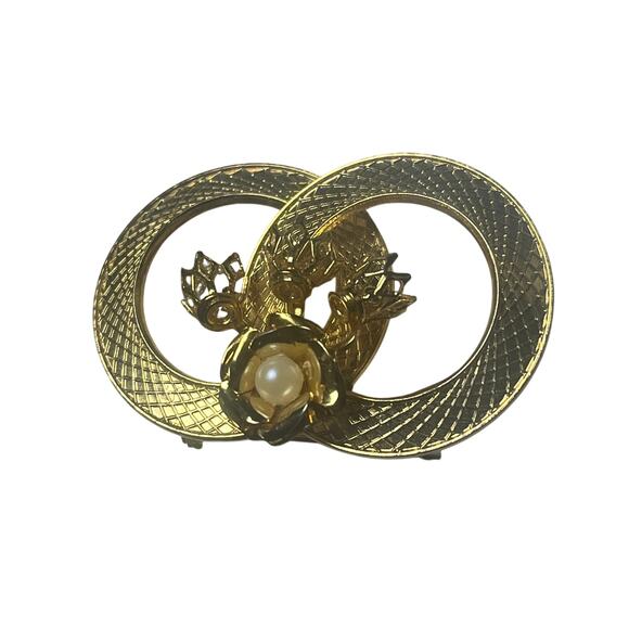 Vintage gold tone double circle flower bouquet faux pearl brooch pin D2 - Picture 1 of 8
